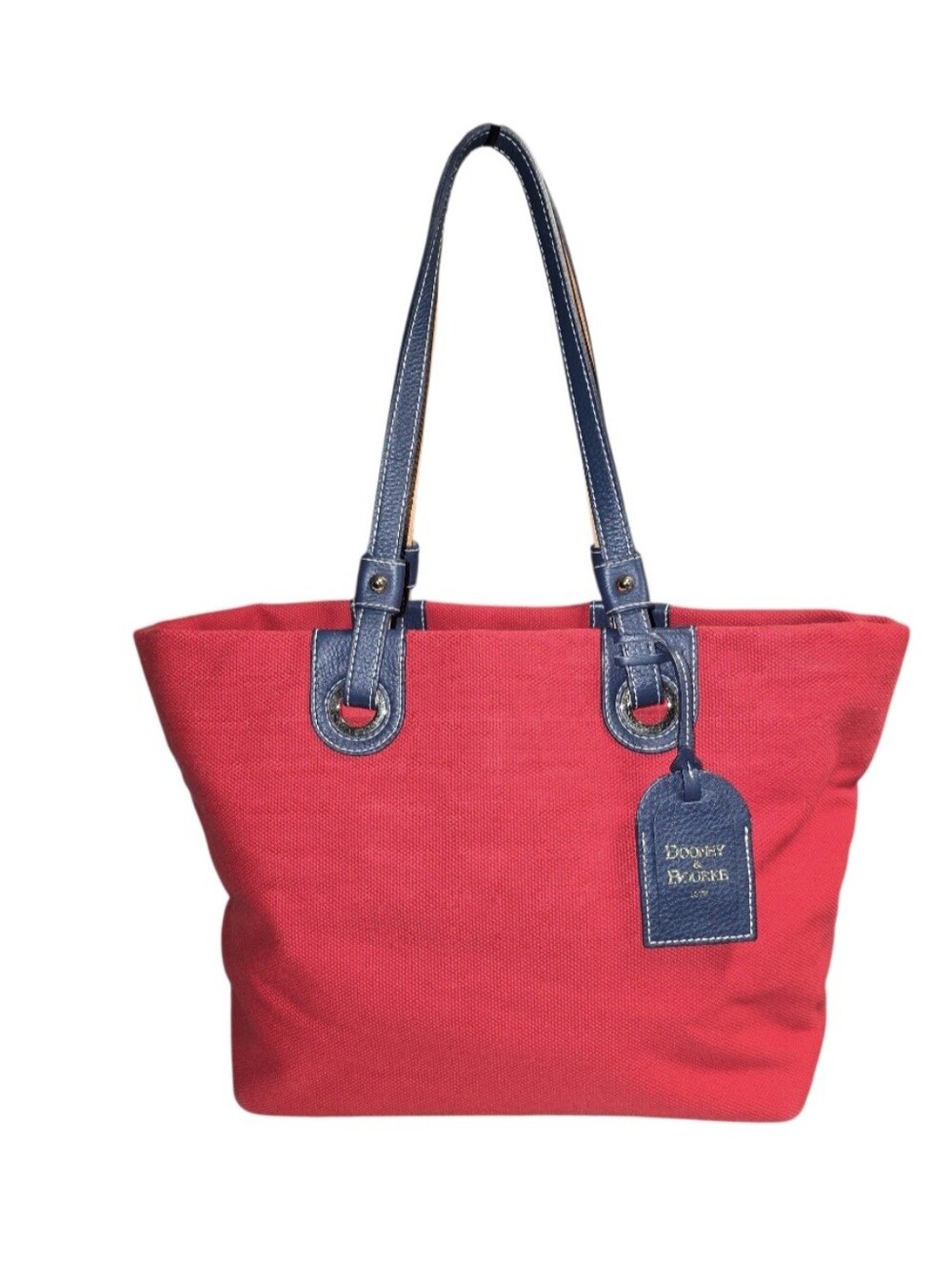 Dooney & Bourke 2 Way Vintage Red Canvas Tote with Navy Leather Trim